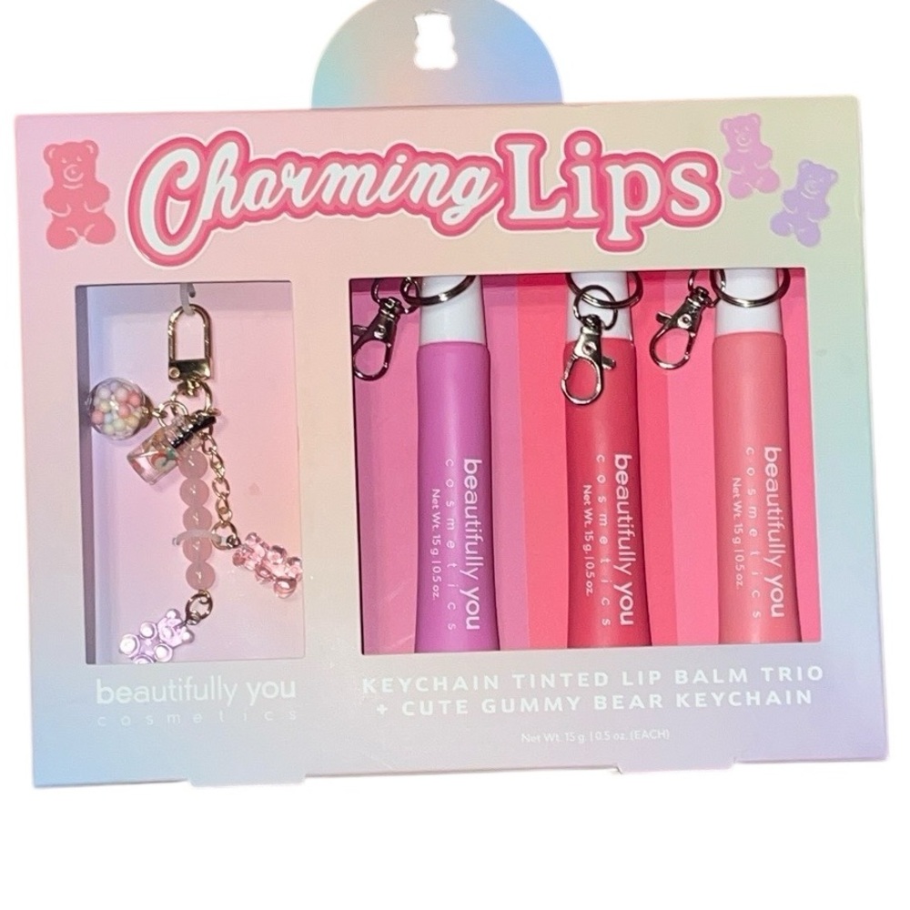 •BEAUTIFULLY YOU•NWT KEYCHAIN TINTED LIP BALM TRIO + CUTE GUMMY BEAR BAG CHARM